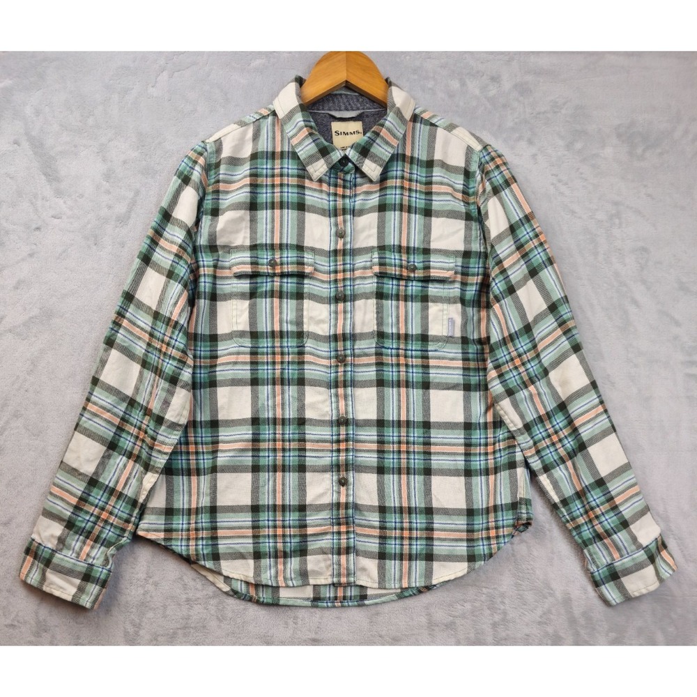 Simms Flannel Shirt Womens Large Green Plaid Cotton Polyester Long Sleeve Button